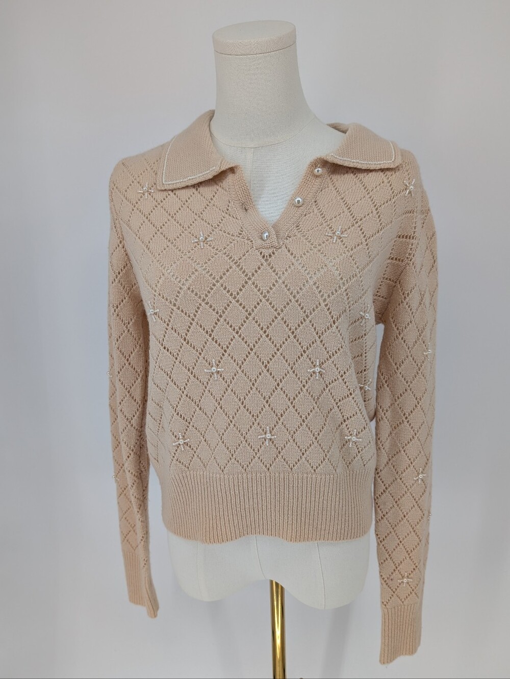 ASTR The Label Pearl-Embellished Pointelle Polo Sweater | Size M | Cream Fall